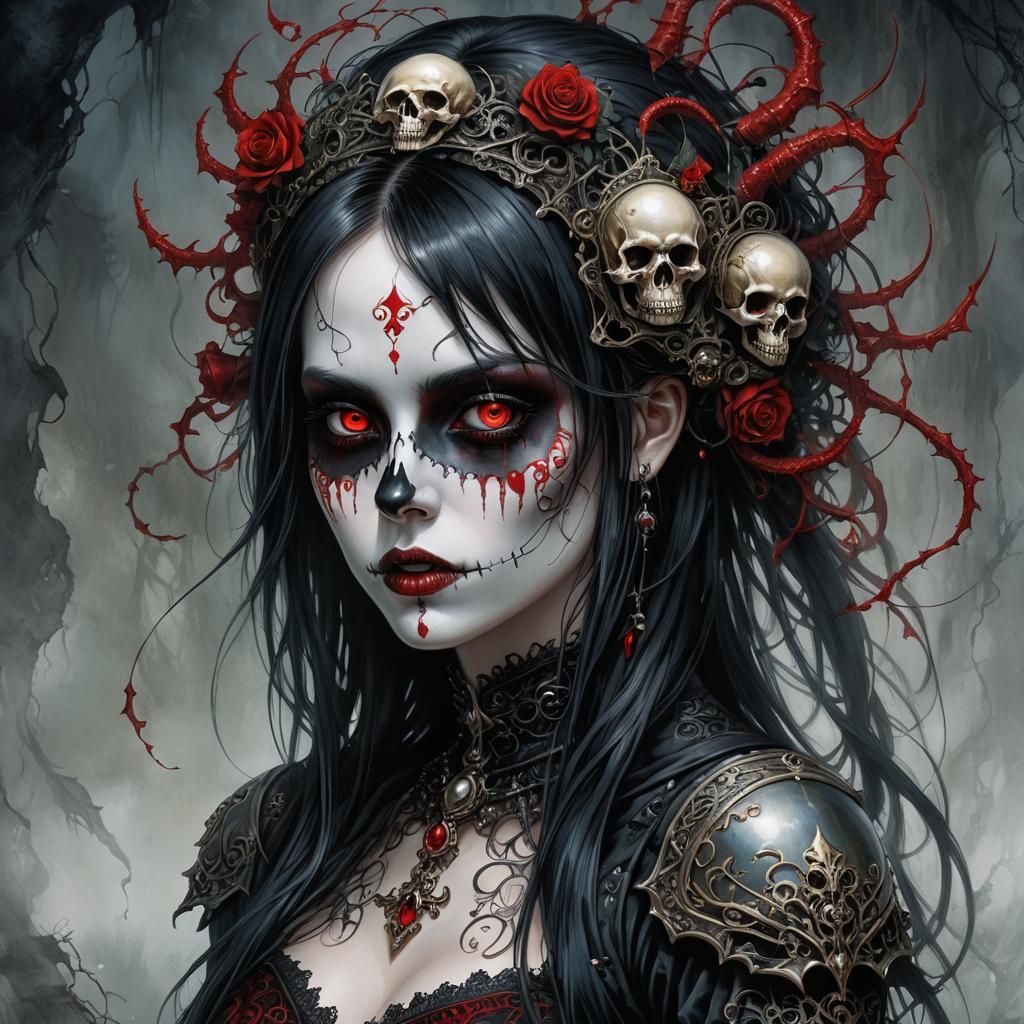 Gothic Punk Girl Portrait with Red Bioluminescent Skull