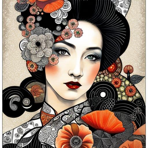 Geisha with Poppies in Scrapbook Collage Style