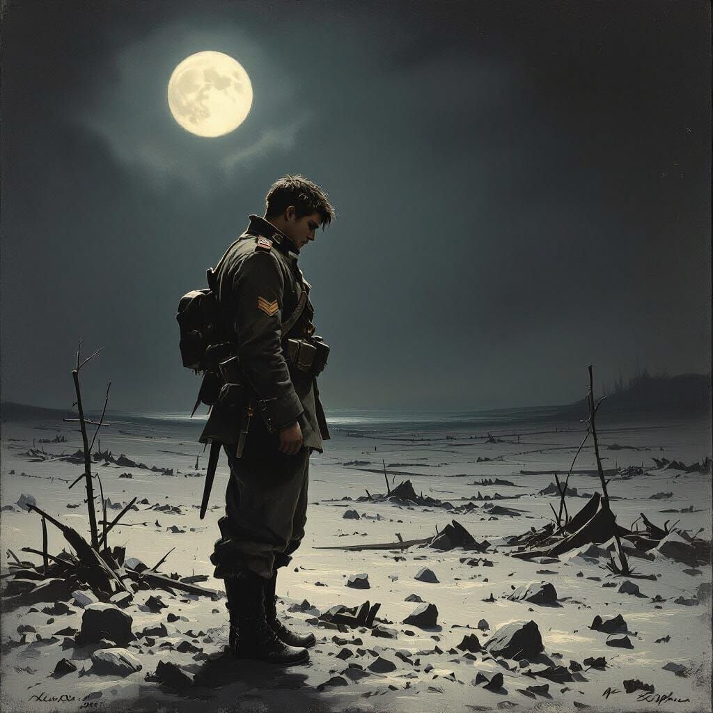 Soldier Ponders War on Moonlit Battlefield