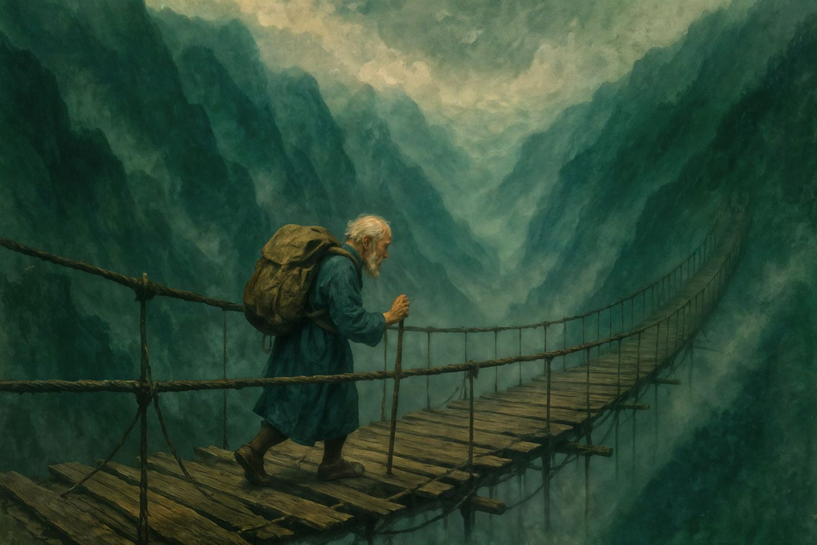 Pilgrim's Solitary Journey Through Misty Mountain Valleys