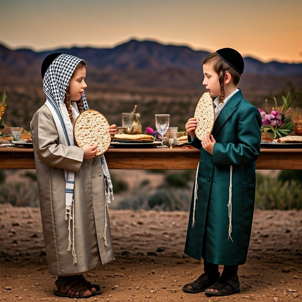 Traditional Jewish Boys Enjoy Matzah in Desert Twilight