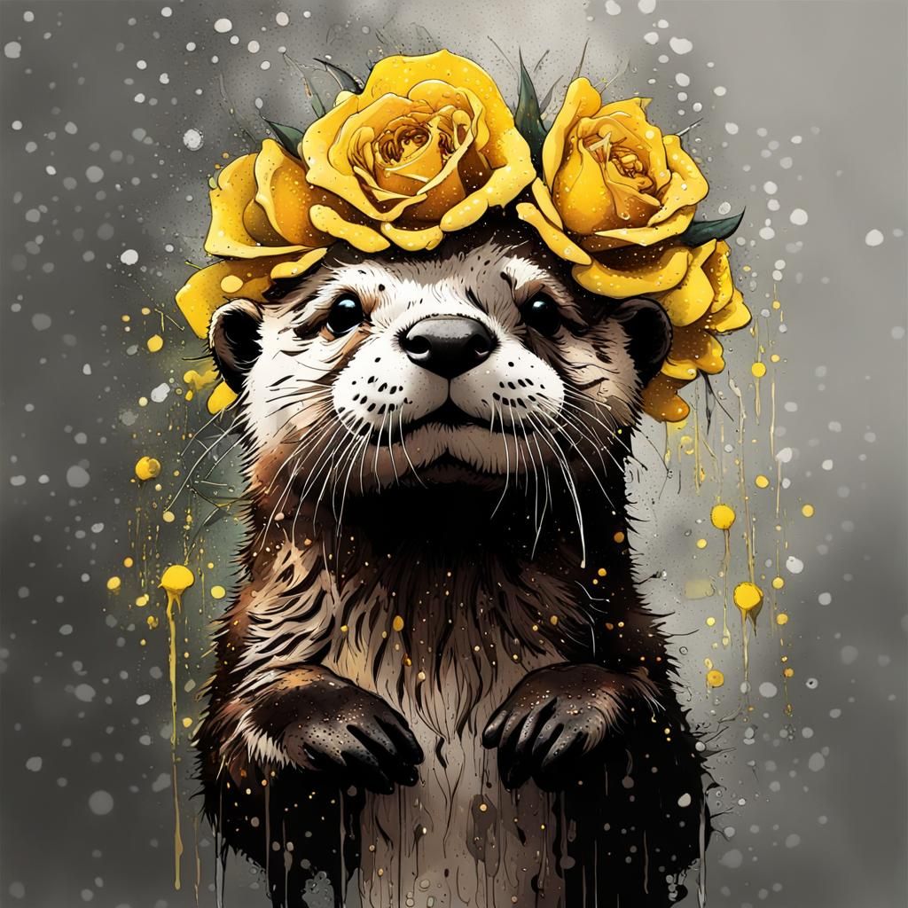 Baby Otter Dancing in Rain with Rose Crown