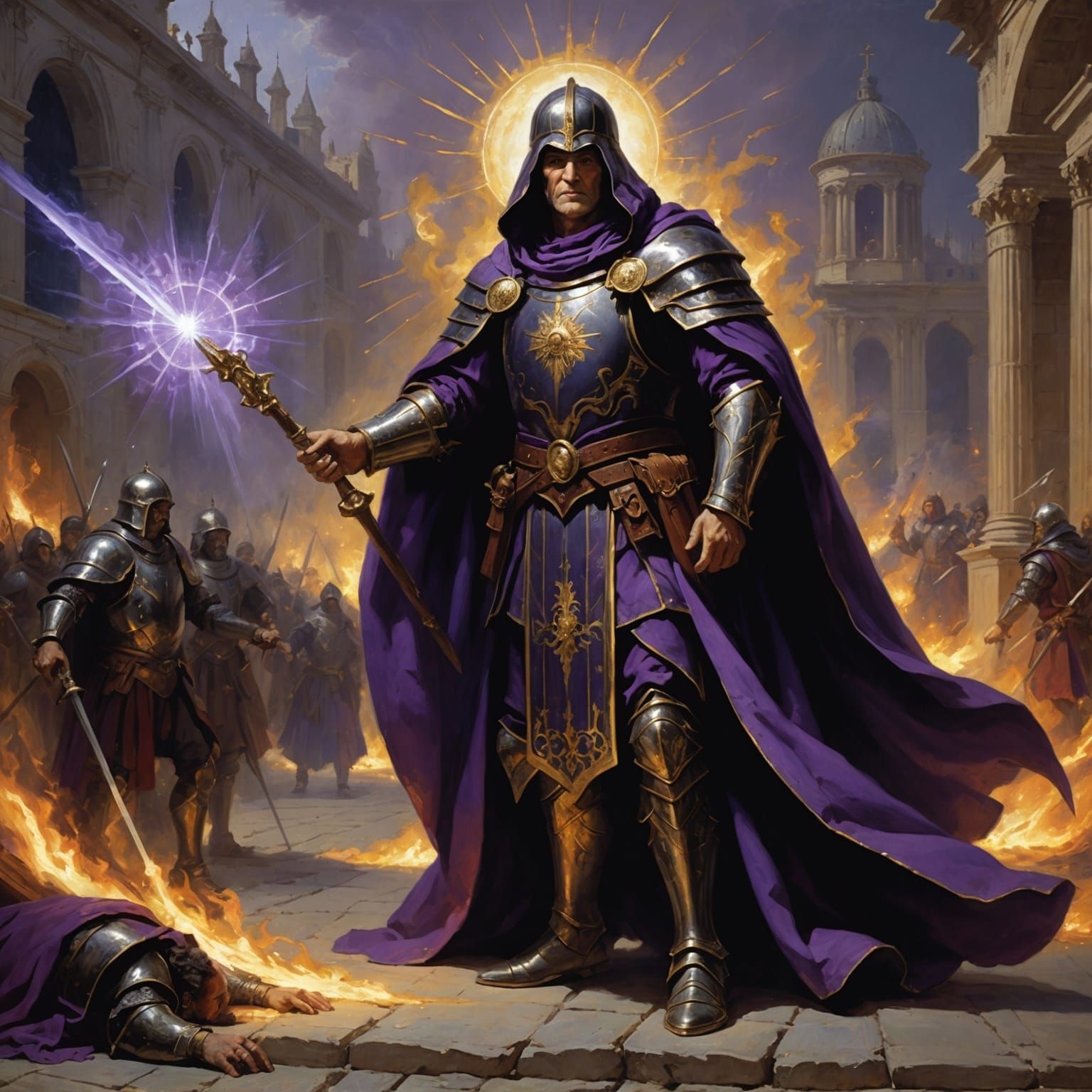 Wizard Battles King in Roman Square, Dark Fantasy Art