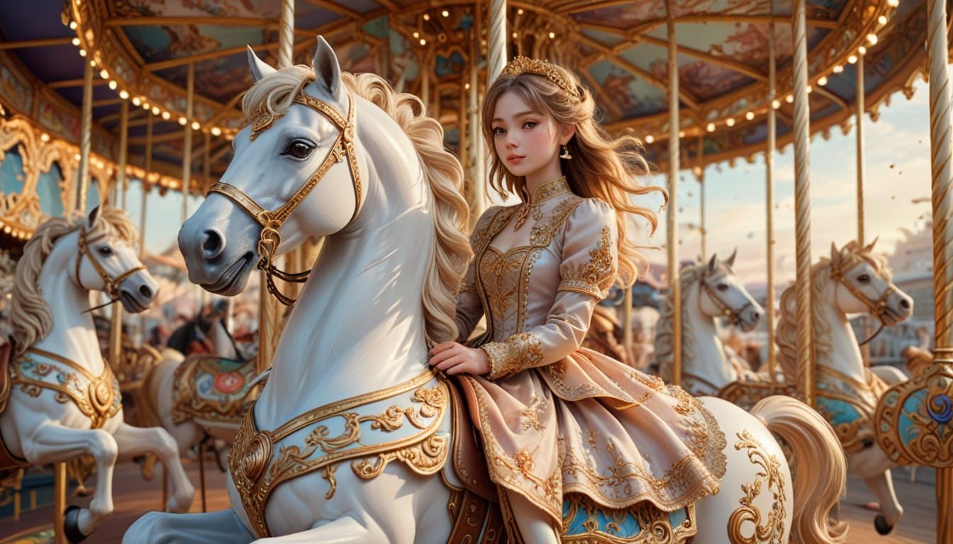 Anime Style Elegant Carousel With Girl in Period Frock