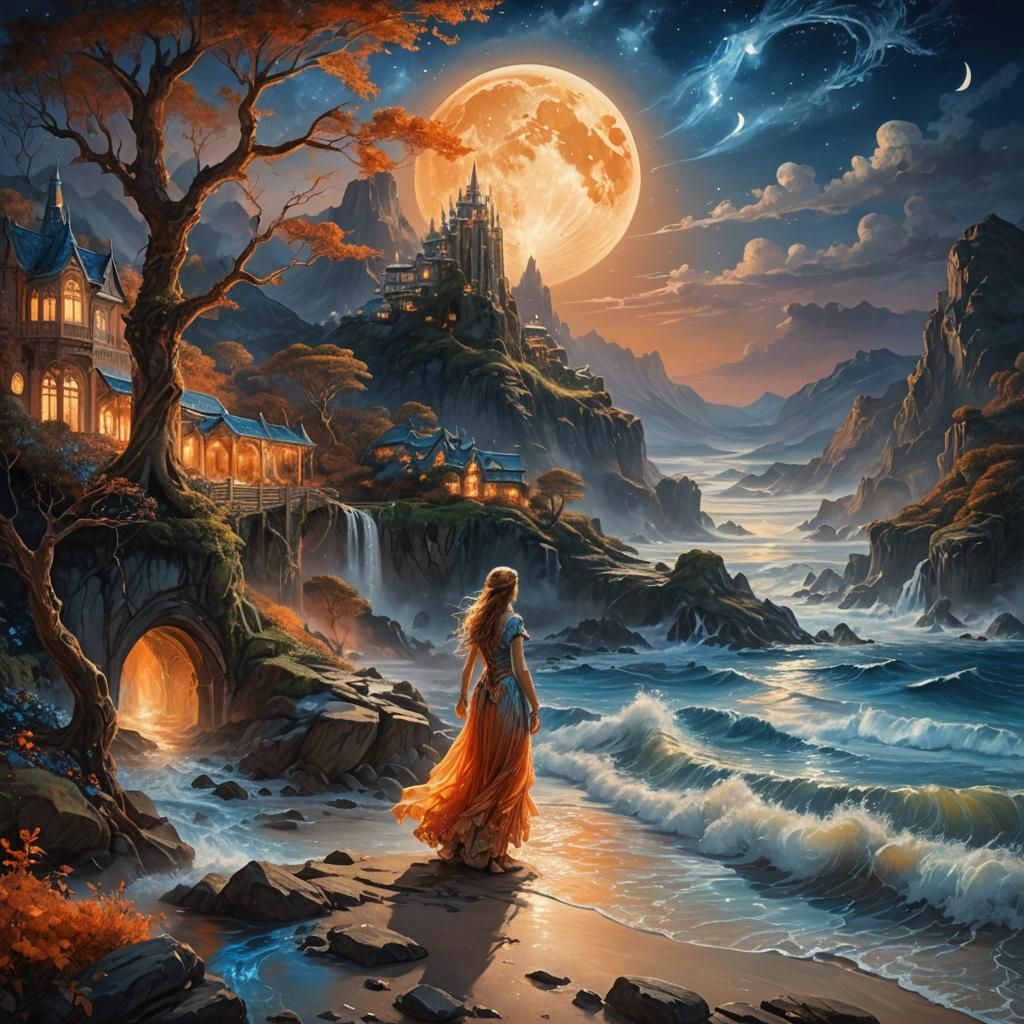 Rivendell Under a Fiery Moon: Fantasy Landscape