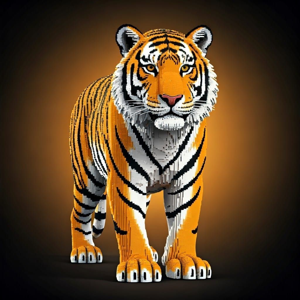 Full-Size Lego Tiger Statue with Artistic Lighting