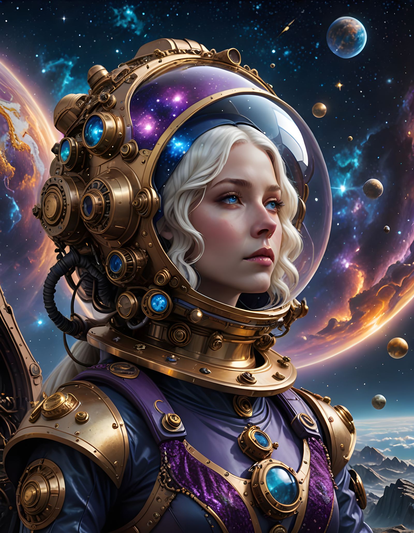 Steampunk Albino Astronaut in Futuristic Starship Scene