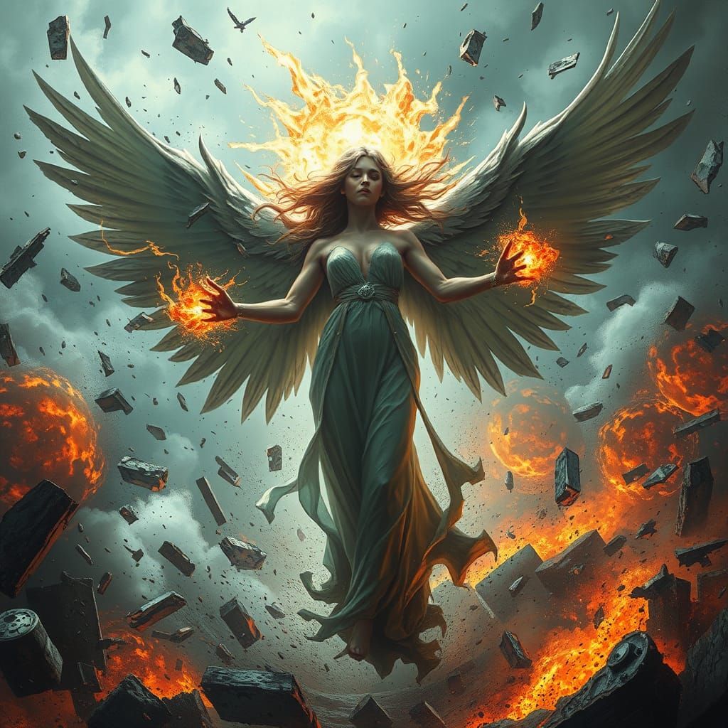 Winged Figure Amidst Explosions in Comic Book Style