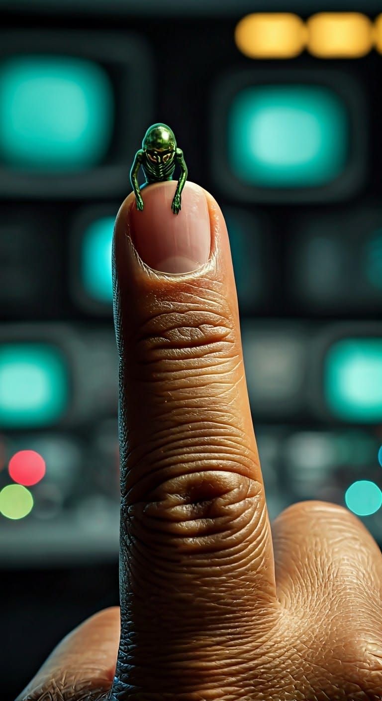 Miniature Alien Queen on Finger in Retro-Futuristic Control ...