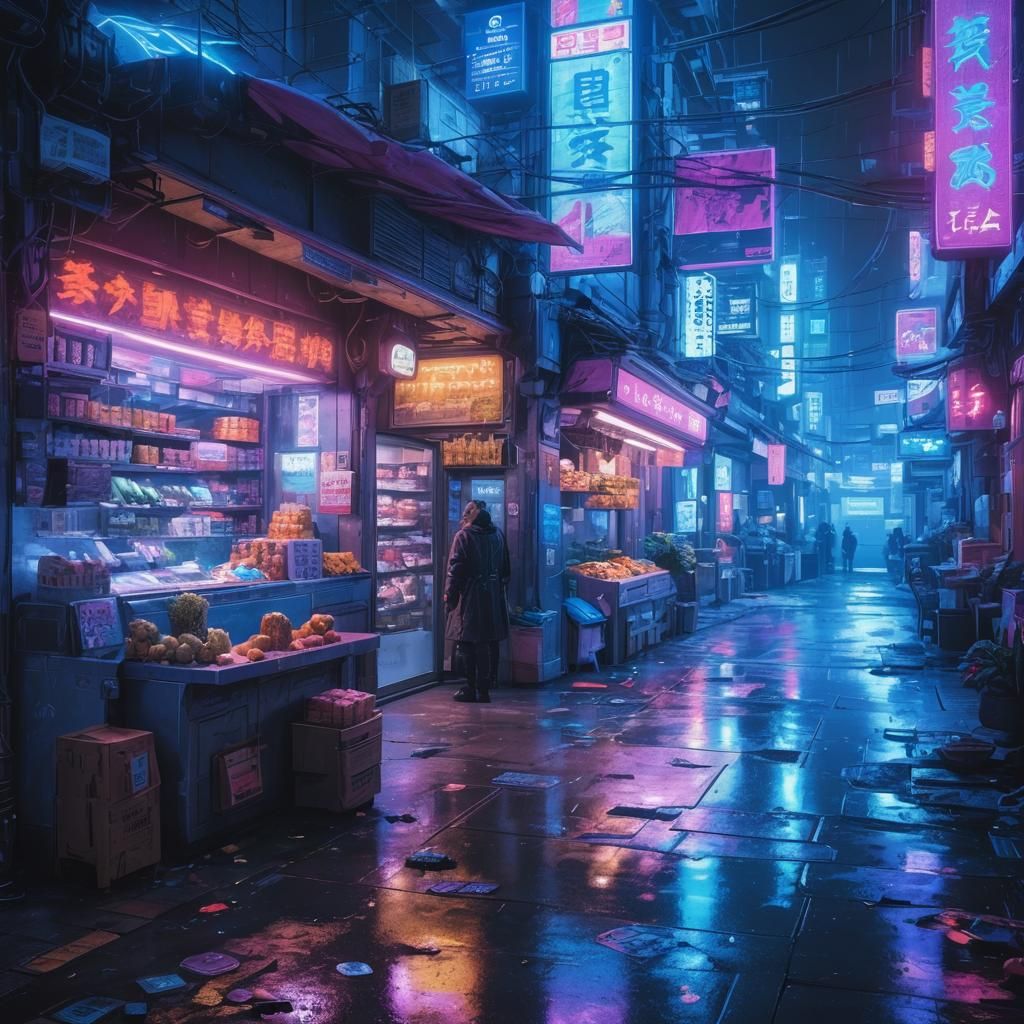 Cyberpunk City Scene with Grocery Store