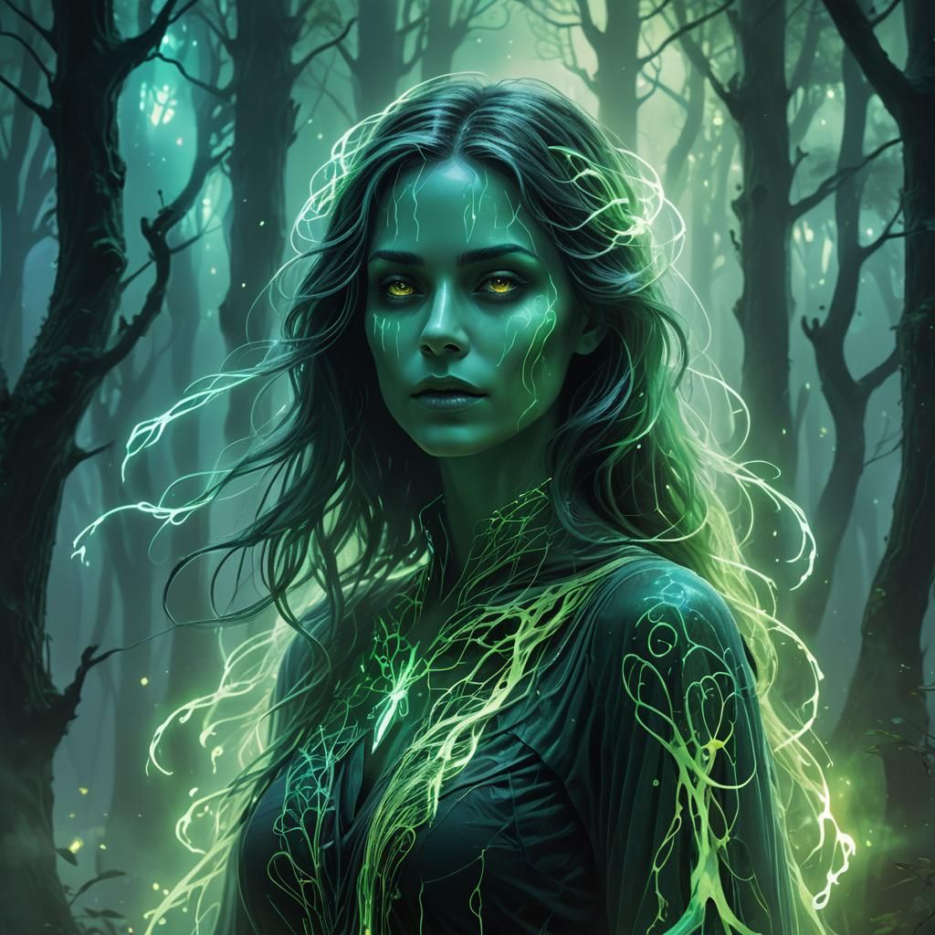 Glowing Green Ghost Woman in Misty Forest