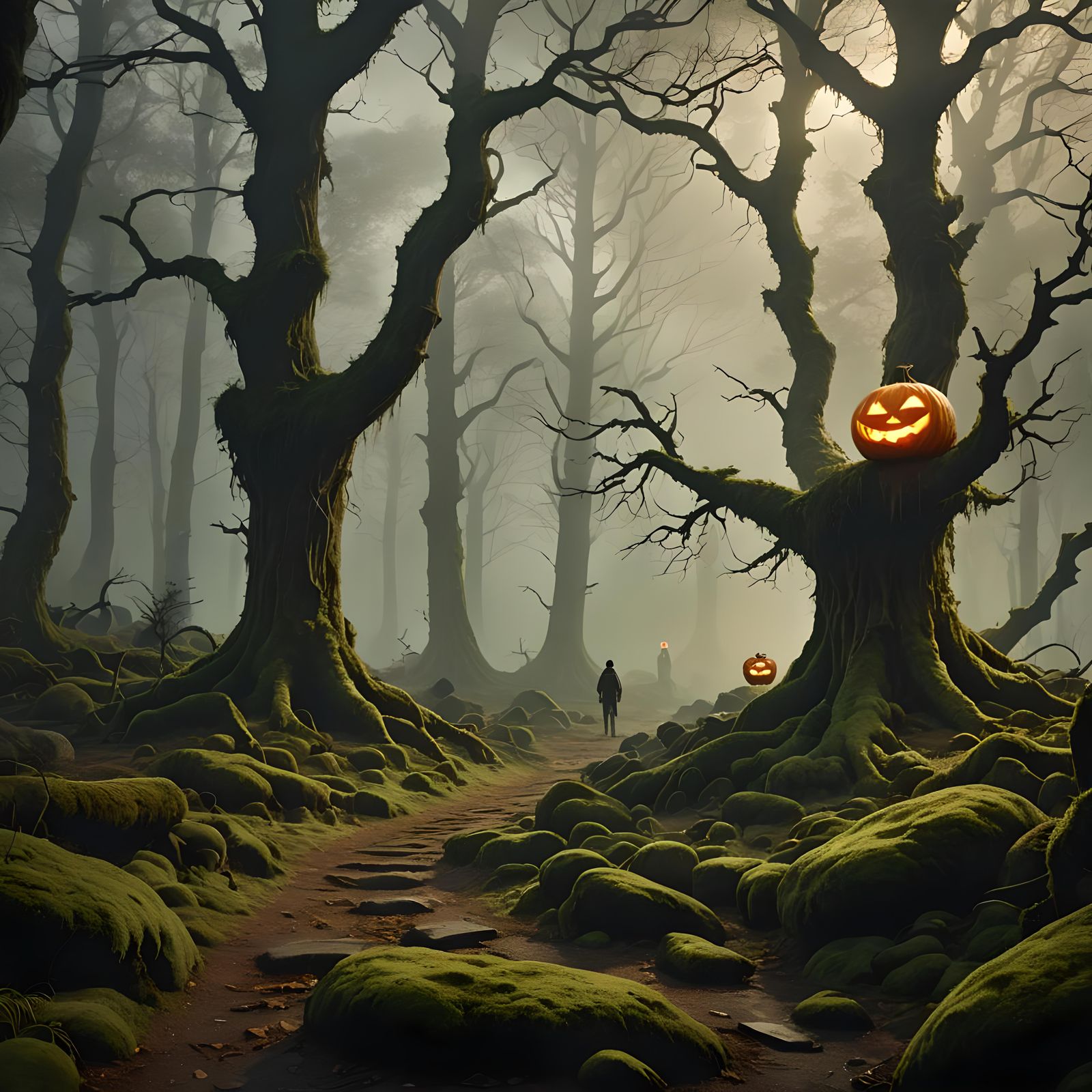 Spooky Fog-Covered Forest Path with Jack-o'-Lanterns