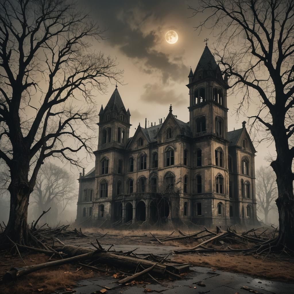 Eerie Abandoned School at Night in Gothic Horror Style