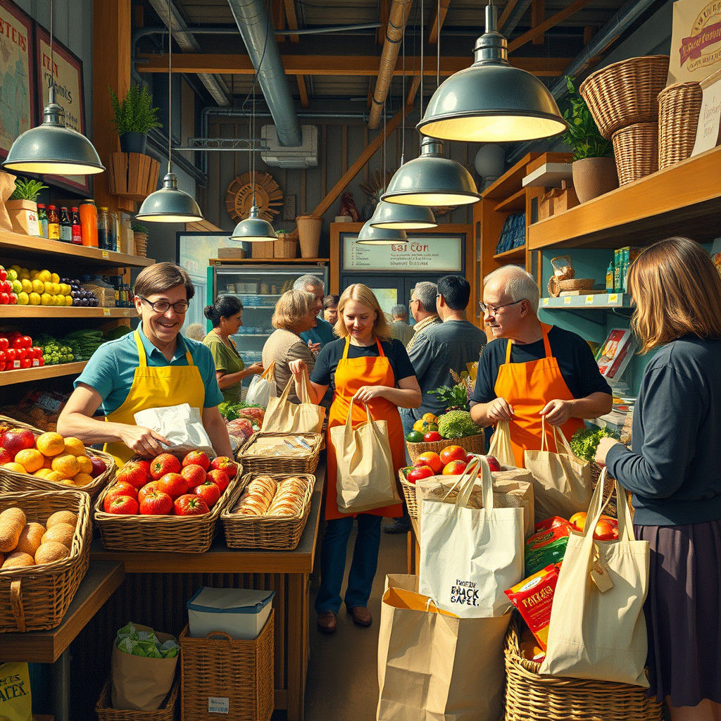 Vibrant Market Scene with Cheerful Clerks