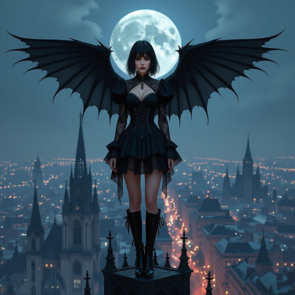 Gothic Vampire Woman on Cathedral Spire