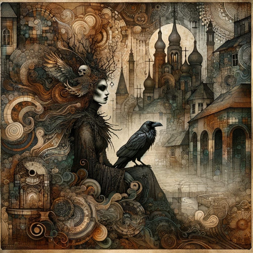 Witch in Abandoned City with Raven, Zentangle Style