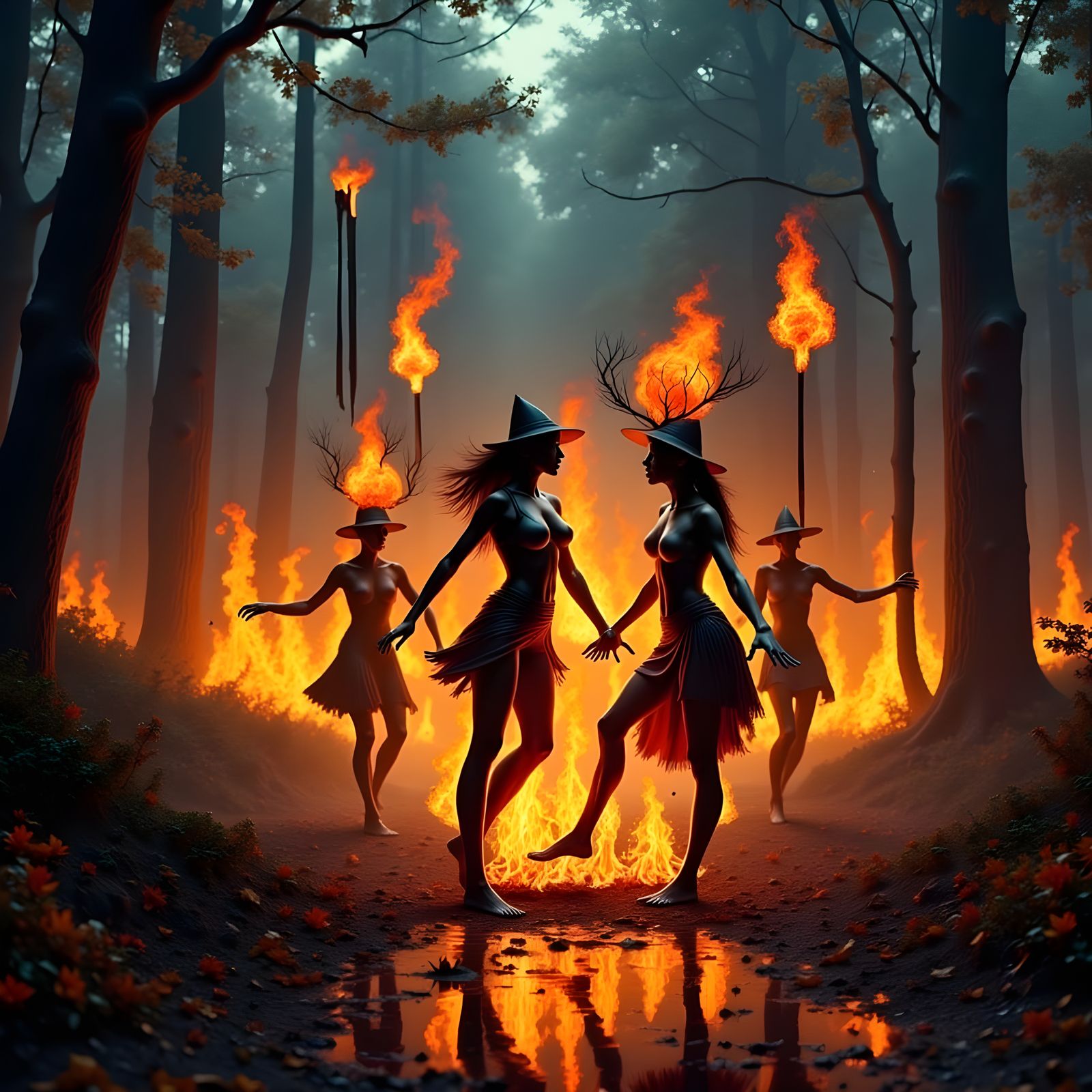 Fire Witches Dance in Autumn Storm