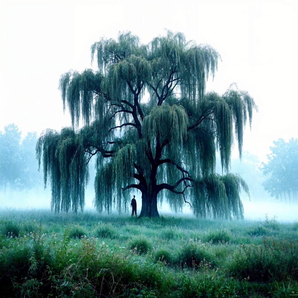 Foggy Willow Tree at Misty Summer Morning