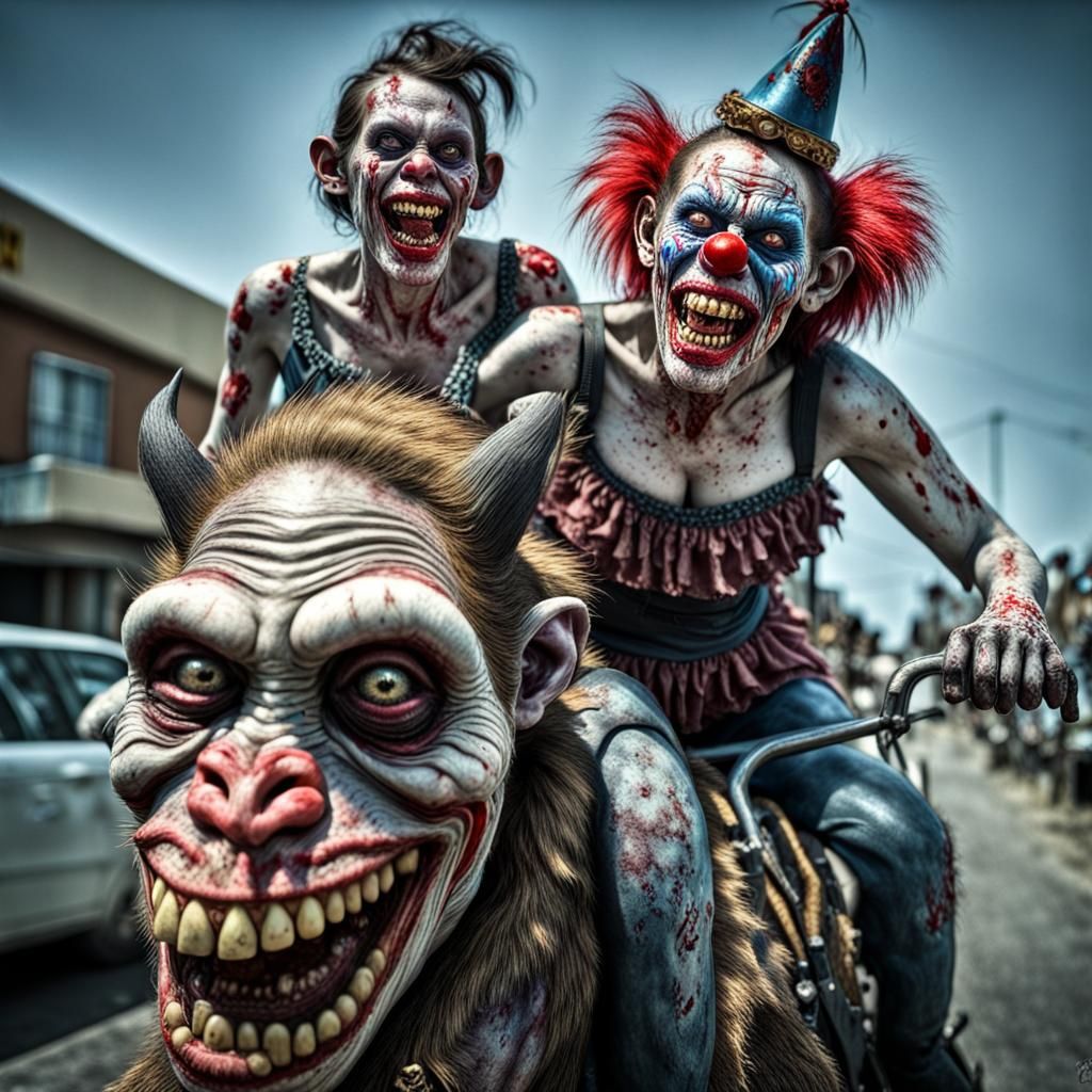 Hyperrealistic Zombie Clown Women Ride Chimeric Mule in Mood...