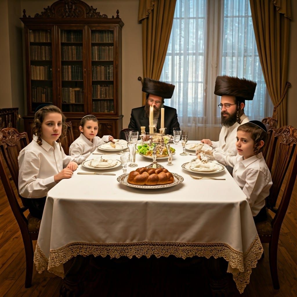 Shabbat Dinner: Antique Table with Orthodox Family