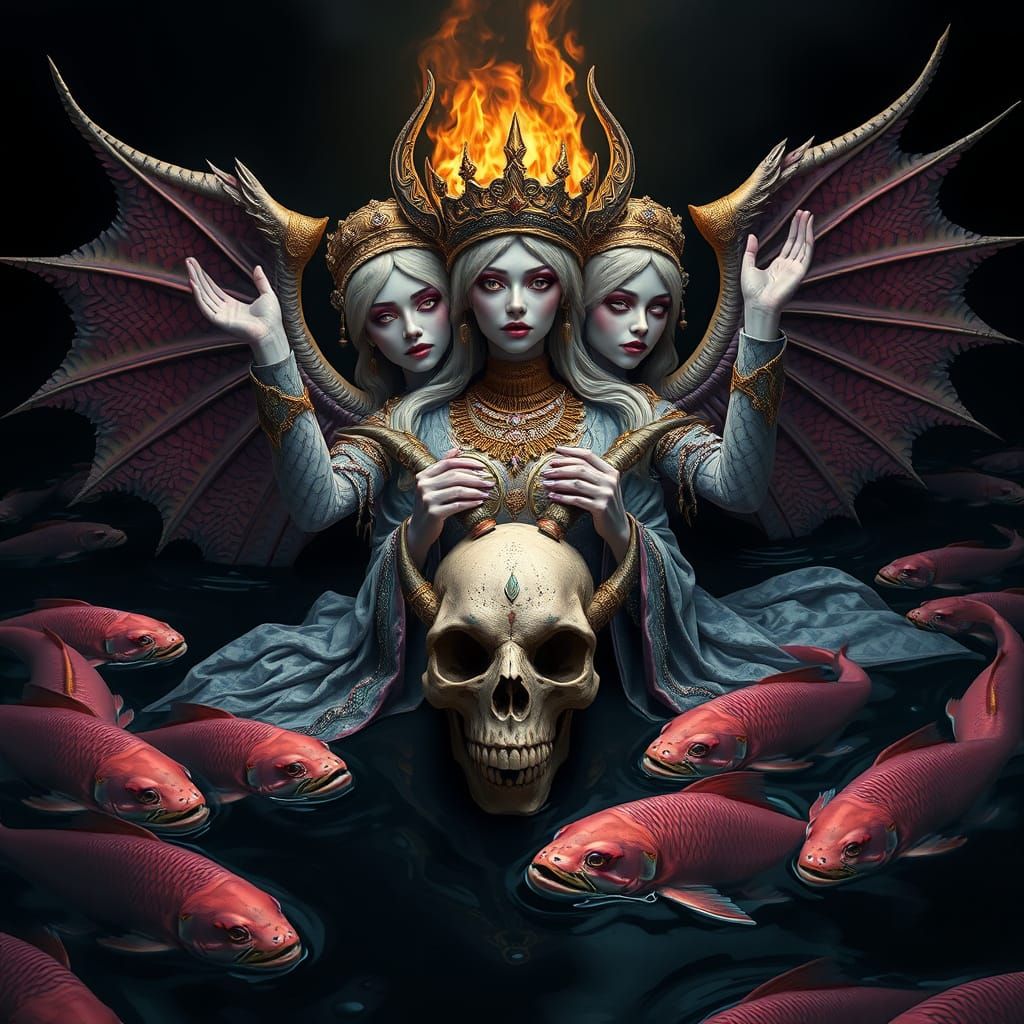 Three-Headed Lavender Woman Holding Skull