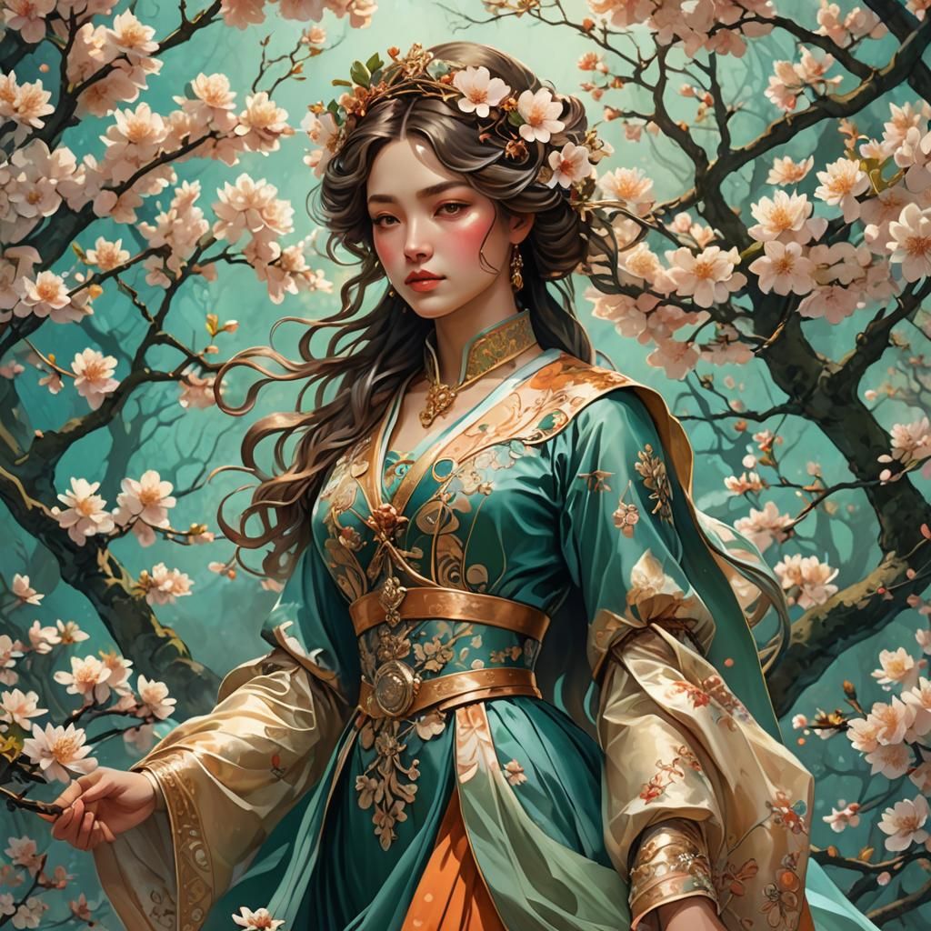Ornate Cherry Blossom Queen in Art Nouveau Style