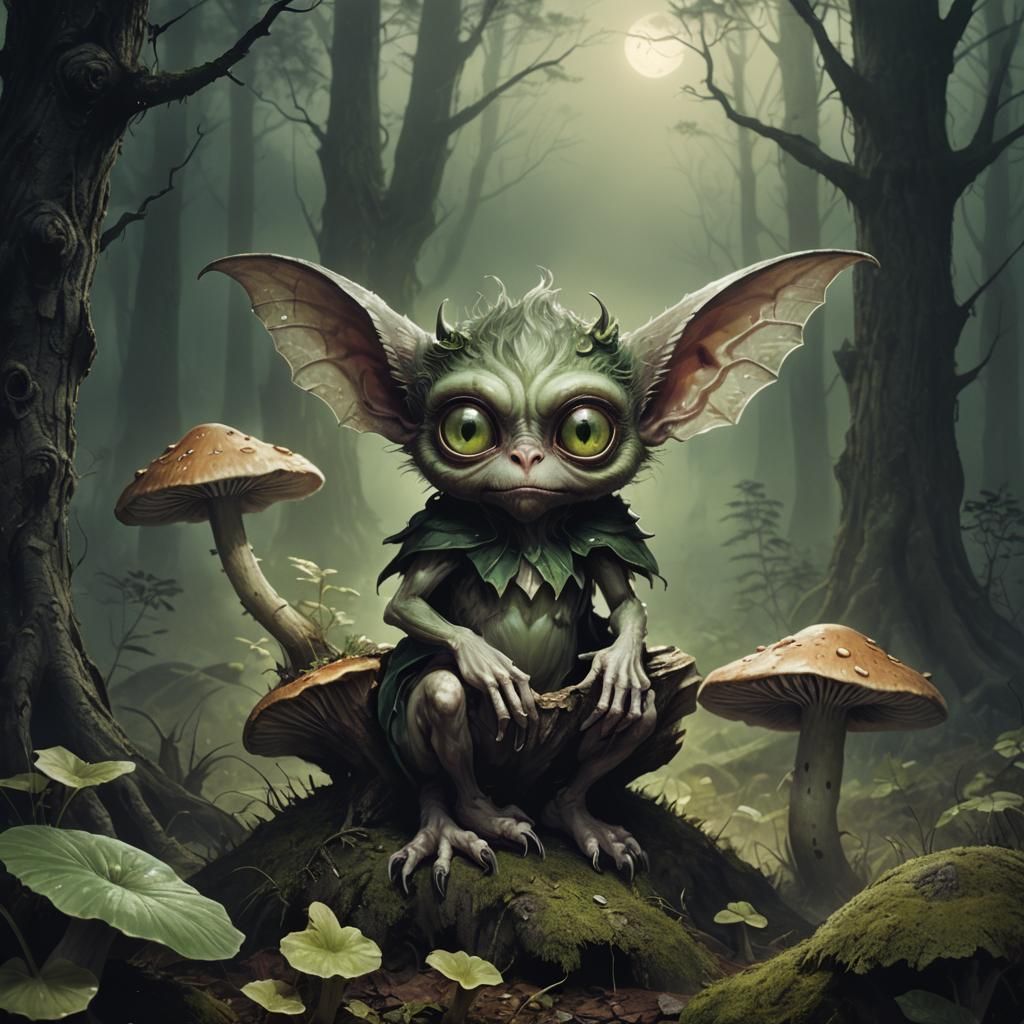 Eerie Imp in Misty Forest: Dark Fantasy Art