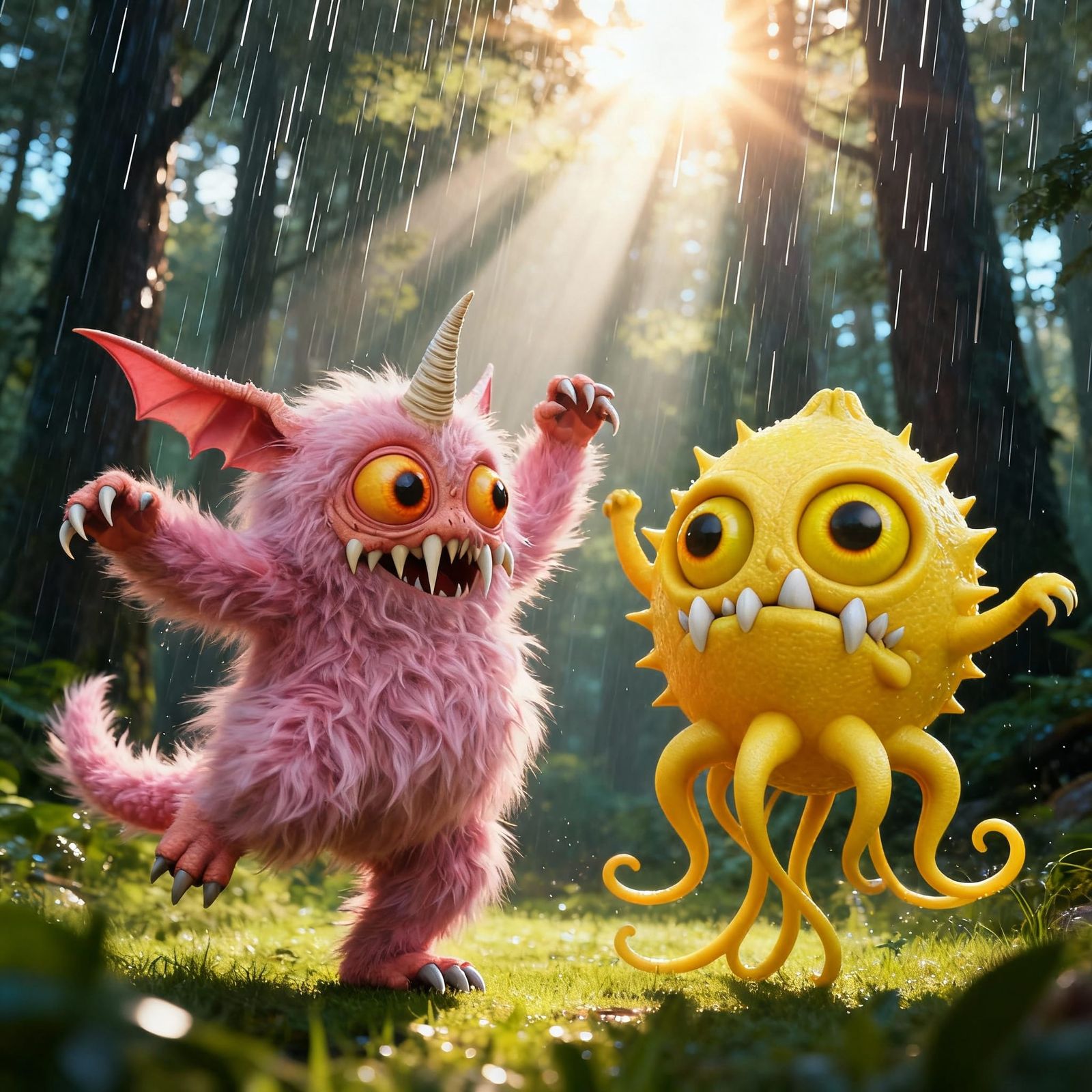 Creepy Cute Creatures Dancing in Sunny Rain