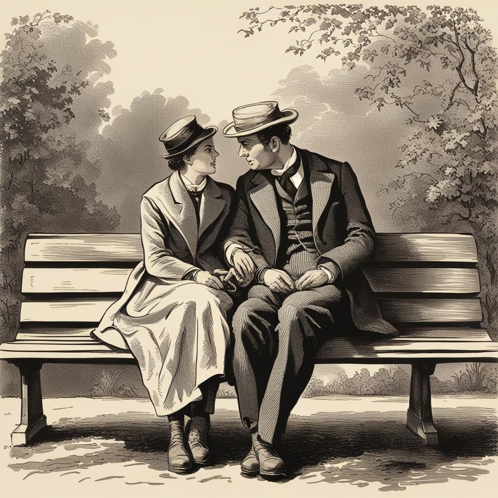 Lovers on a Bench in Peynet Style