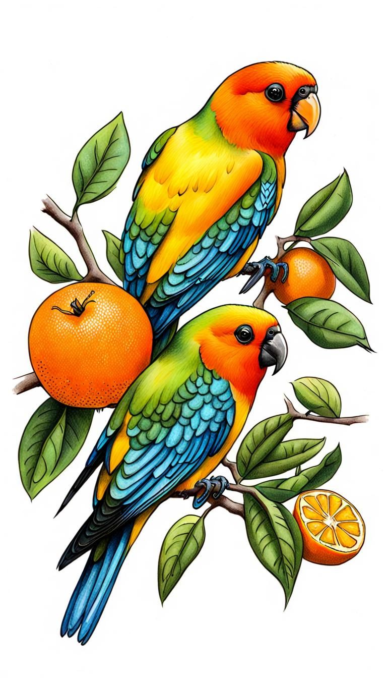 Lovebirds Eating Oranges: Hand-Drawn Bird Art