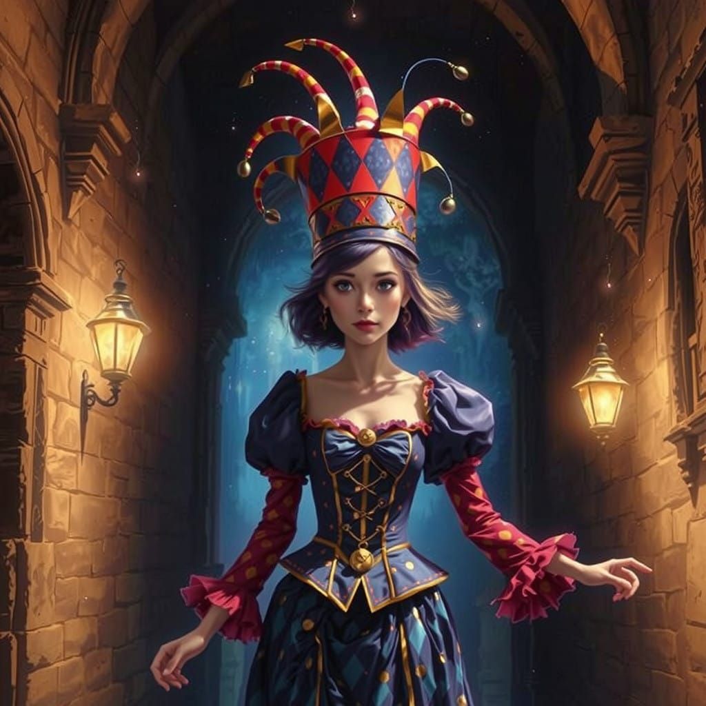 Ethereal Jester in a Dreamlike Medieval Scene
