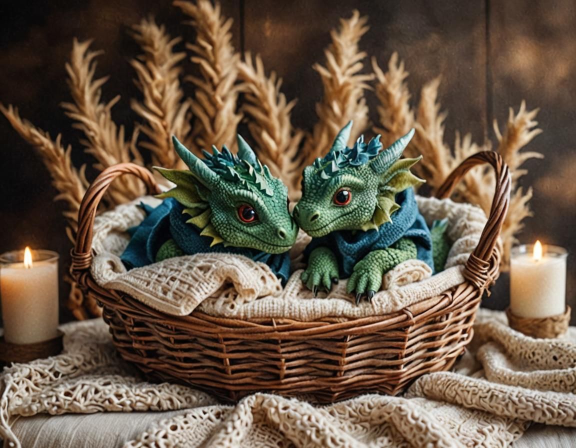Cozy Baby Dragons in Wicker Basket