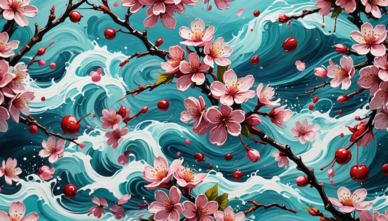 Cherry Blossoms on Ocean Waves in Splash Art Style