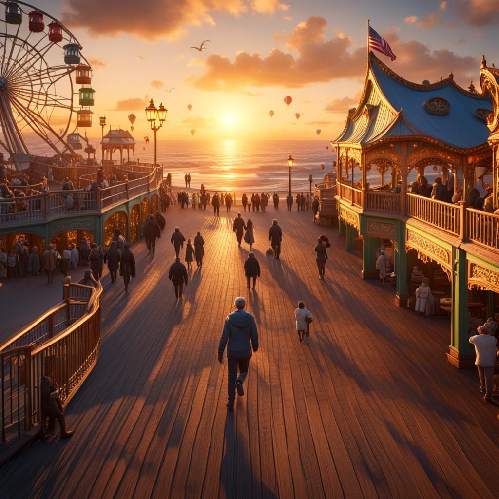 Atlantic Boardwalk Carnival at Sunrise: Detailed Matte Paint...