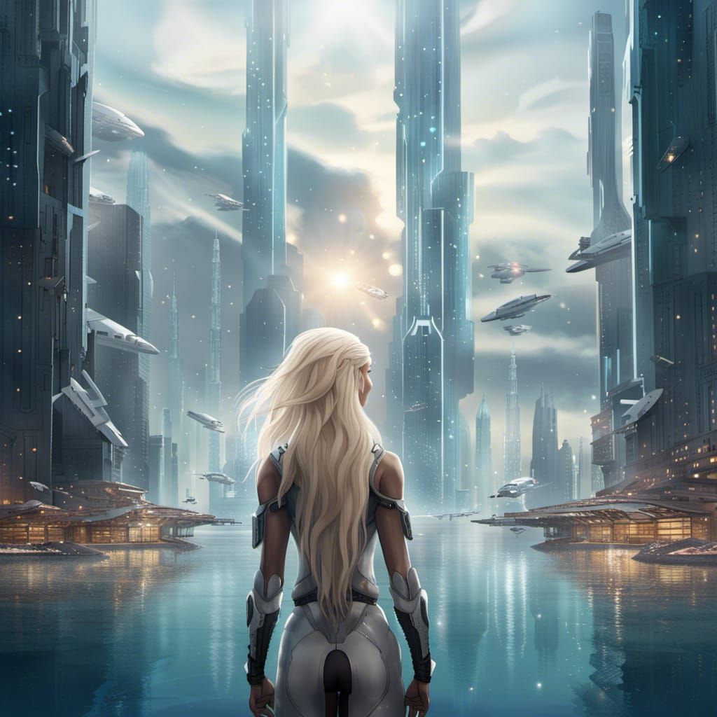 Futuristic Warrior Overlooking Floating Megacity