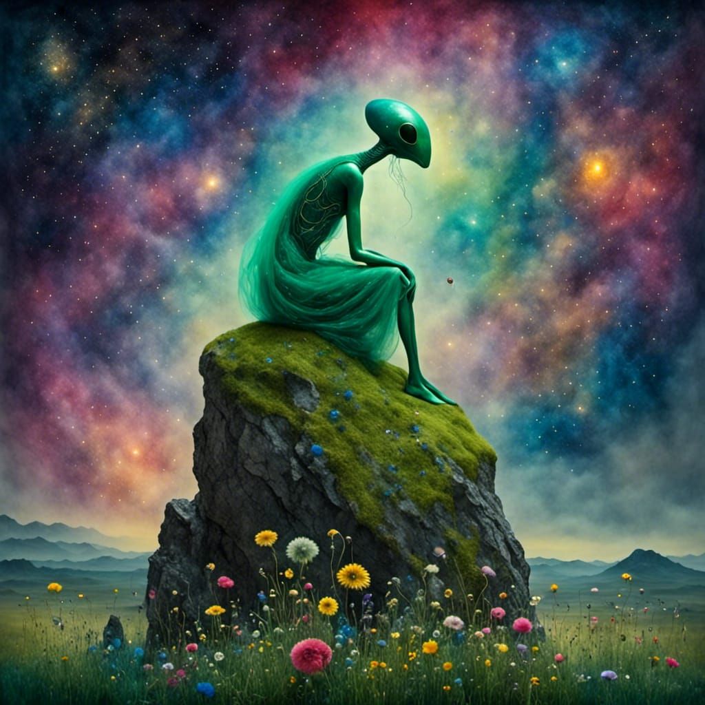 Green Alien on Mars in Floral Space Scape