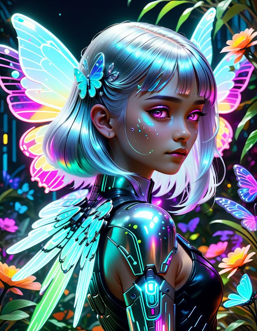Cyberpunk Princess with Crystal Wings in Neon Garden