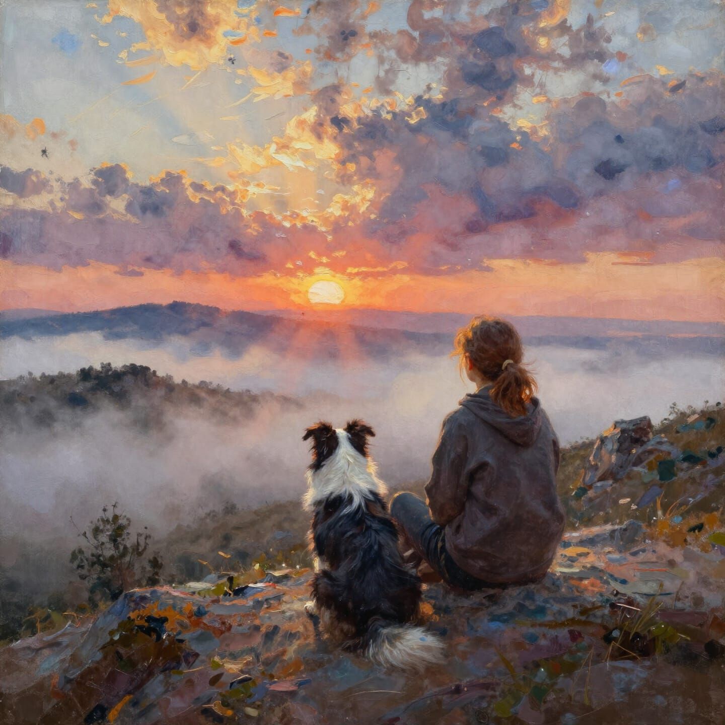 Woman and Dog Enjoying Sunrise Over Foggy Hills