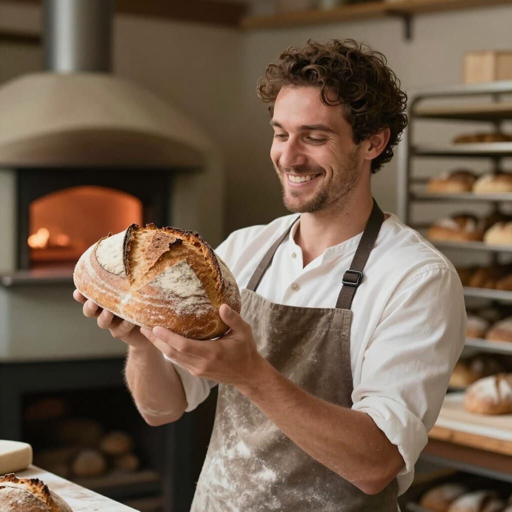 Content Baker Smiles Proudly with Artisanal Bread in Rustic ...