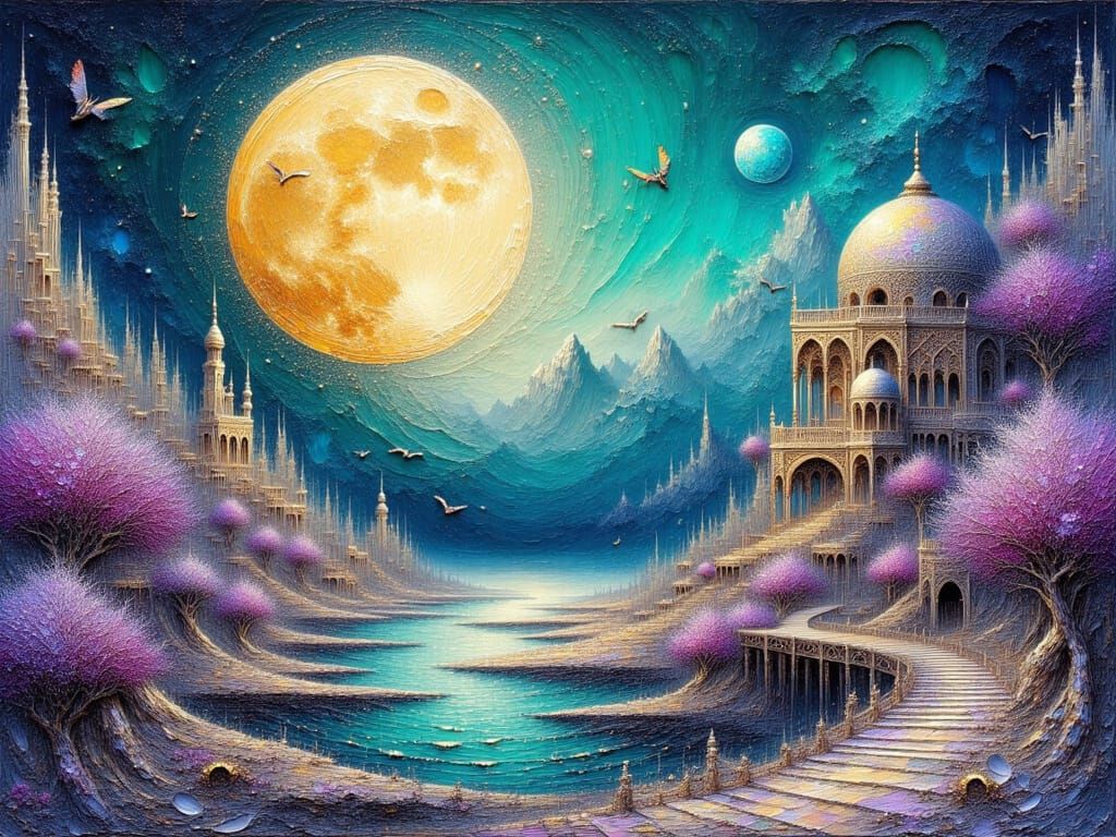 Luminous Moon Over Desert Village Oil Painting