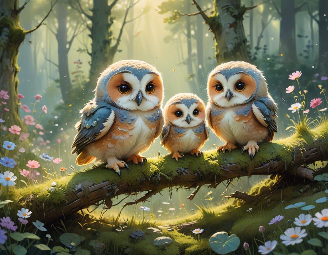 Owlets in Meadow: Impressionistic Watercolour Painting
