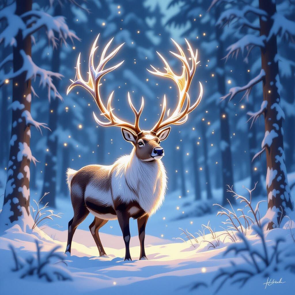 Reindeer with Crystalline Antlers in Winter Forest