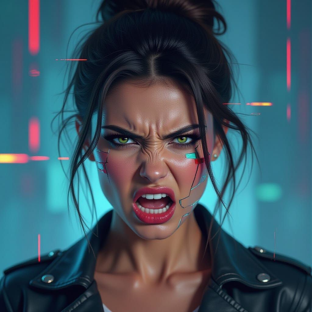 Distorted Cyberpunk Portrait of an Angry Woman