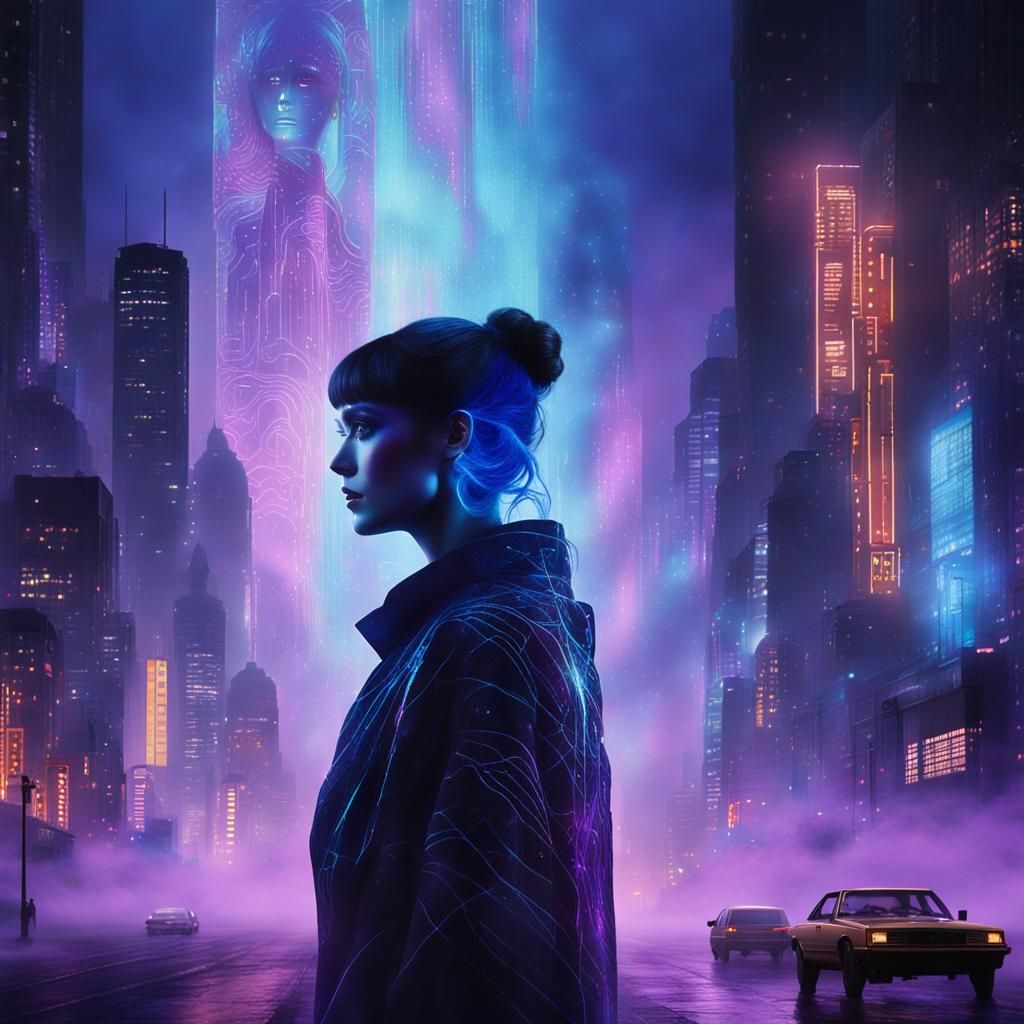 Holographic Woman in Cyberpunk Cityscape