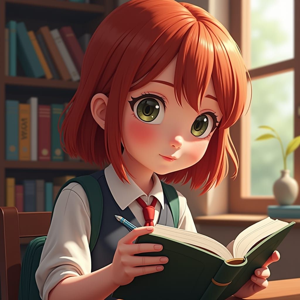 Girl Studying in Library: 3D Digital Illustration