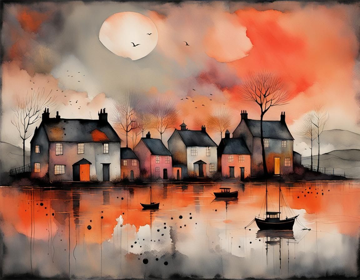 Abstract Watercolor of Seaside Town at Twilight
