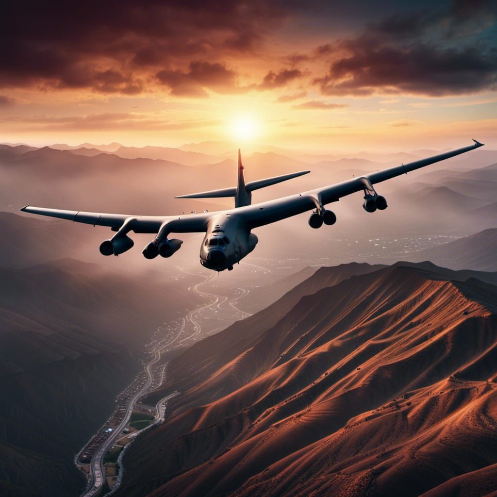B52 Bomber Soaring Over Mountain at Sunrise