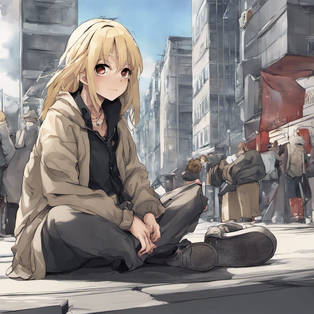 Homeless Woman in Anime Style Cityscape