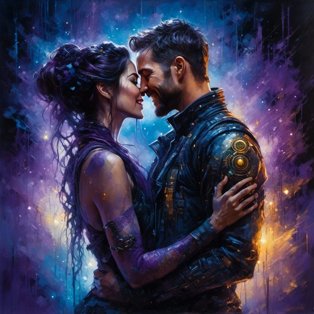 Cyborg Embrace in Misty Dystopian Night