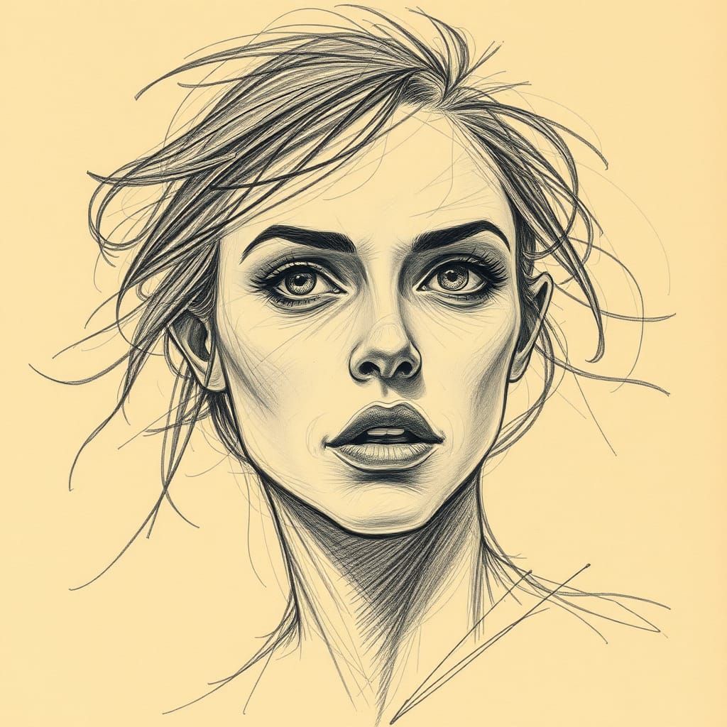 Expressive Woman's Face in Rough Pencil Sketch